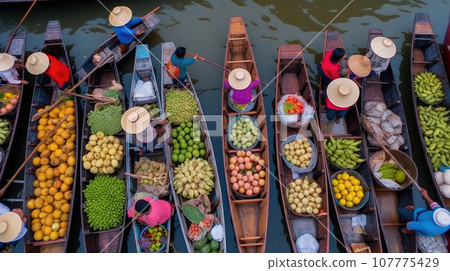 Aerial view famous floating market in Thailand, Damnoen Saduak floating market, Farmer go to sell organic products, fruits, vegetables and Thai cuisine, Tourists visiting by boat, Ratchaburi, Thailand 107775429