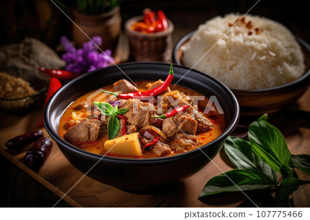 Spicy thai curry with pork meat serving with rice and decorating with herbal vegetable ingredients like chili and eggplant on rustic background - Thai food 107775466