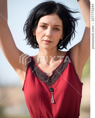 舉起雙臂的民族時尚美麗中年婦女 107775644