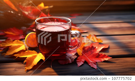 Cup of tea and autumn leaves on a wooden table. Copyspace 107775702