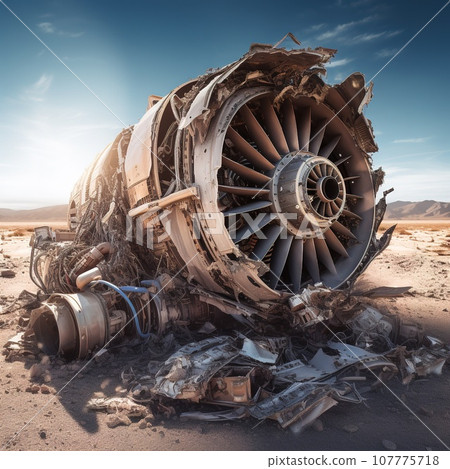 Destroyed and burnt airplane motor, plane crash, transportation concept 107775718