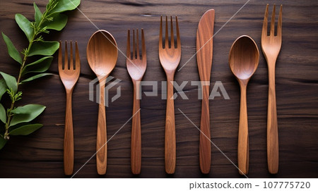 Close up of wooden ecological cutlery set on the wooden table, eco concept 107775720