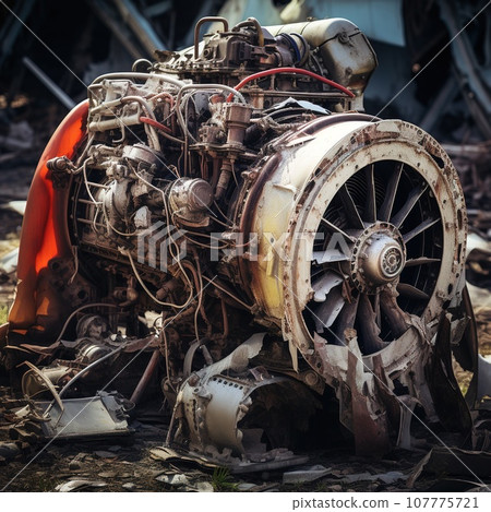 Destroyed and burnt airplane motor, plane crash, transportation concept 107775721
