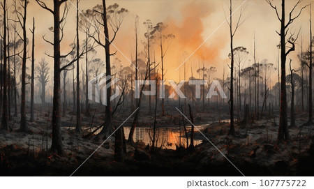 Burnt forest after strong firy, an apocalypse concept 107775722