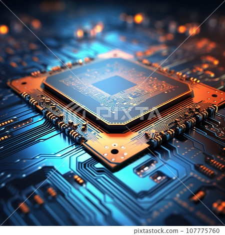 Detail to electronic board with chip with many connections, technology concept 107775760