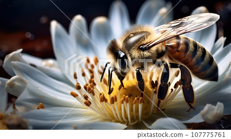 A flying bee collects or pollination pollen on a yellow flower, nature concept 107775761