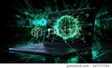 Notebook with IT or PC virus icon effect on the background, cyber security concept 107775764