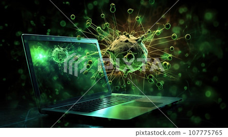 Notebook with IT or PC virus icon effect on the background, cyber security concept Notebook with IT or PC virus icon effect on the background, cyber security concept 107775765