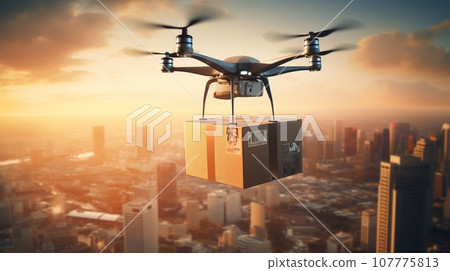 Drone with shipment in the sky, the the future of shipping shipment, modern transportation concept 107775813