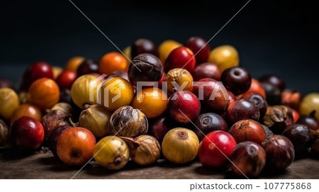 A pile of raw coffee fruits studio shot product photography and good presentation. A pile of raw coffee fruits studio shot product photography and good presentation. 107775868