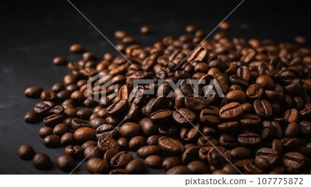 A pile of roasted dried coffee beans studio shot good for product and marketing with some copy space or for background and backdrop. 107775872
