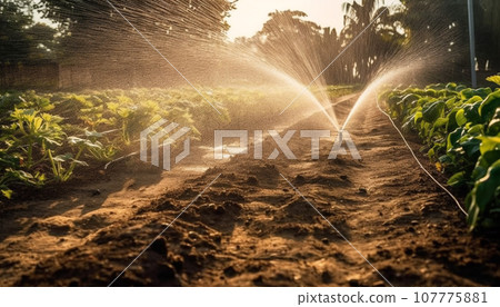 Water splash spray at the vegetable field crop or garden soil could be from hose or garden sprinkler. Watering the plant at the garden backyard or vegetable crop. Water splash spray at the vegetable field crop or garden soil could be from hose or garden sprinkler. Watering the plant at the garden backyard or vegetable crop. 107775881