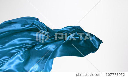 Smooth Elegant Blue Satin Cloth Separated on White Background. Texture of flying fabric. 107775952