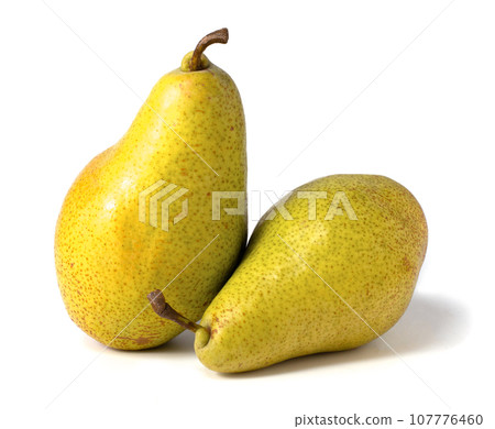 Two ripe pears on a white background. 107776460