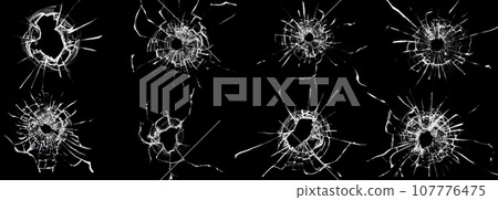 Set of cracked broken glass on black background. Broken window effect with texture for design. Set of cracked broken glass on black background. Broken window effect with texture for design. 107776475