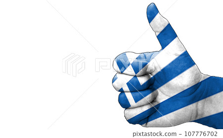 thumbs up in approval with the Greek flag painted thumbs up in approval with the Greek flag painted 107776702