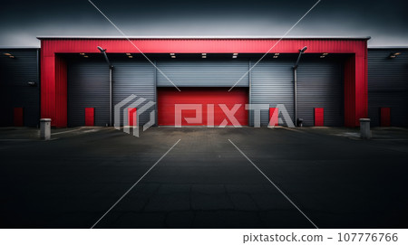 Closed gray red roller shutters Closed gray red roller shutters 107776766