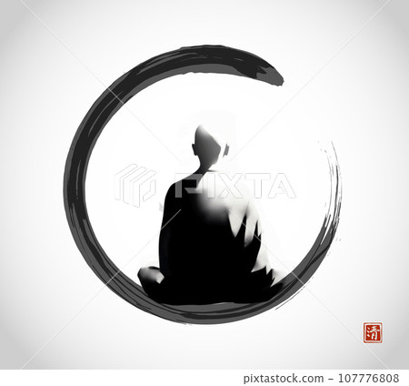 Ink painting of meditating buddhist monk in black enso zen circle. Traditional oriental ink painting sumi-e, u-sin, go-hua on white background 107776808