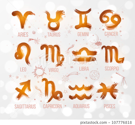 Zodiak icon signs set hand drawn with ink on white glowing background. Astrology symbols, horoscope. Vector illustration. 107776818