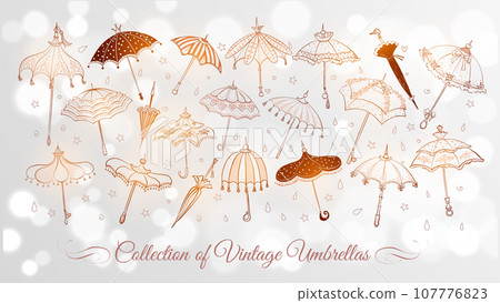 Collection of doodle vintage umbrellas on white glowing background. Vector sketch illustration. Collection of doodle vintage umbrellas on white glowing background. Vector sketch illustration. 107776823
