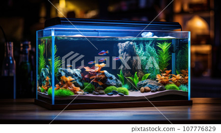Fish swim in a blue neon aquarium 107776829