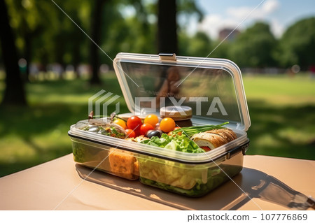 Lunchbox against the backdrop of the park Lunchbox against the backdrop of the park 107776869