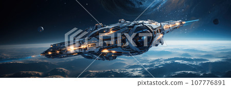 Fantasy spaceship rocket flies in space Fantasy spaceship rocket flies in space 107776891