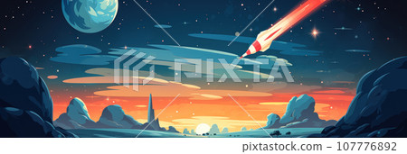 Spaceship rocket flies in space 107776892