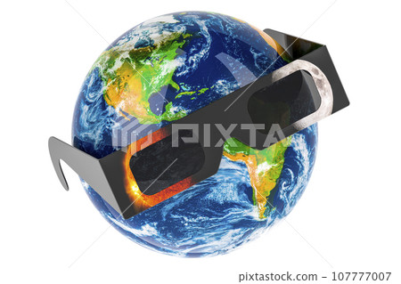 Earth Globe with solar eclipse glasses. 3D rendering 107777007
