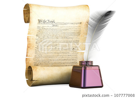 Roll of papyrus with Constitution of the United States and feather, 3D rendering 107777008