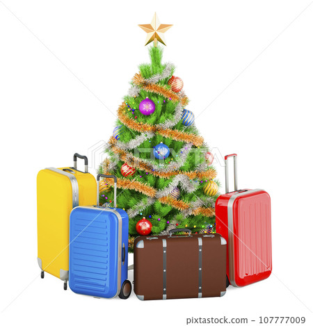 Christmas holidays concept. Suitcases around Christmas tree. 3D rendering 107777009