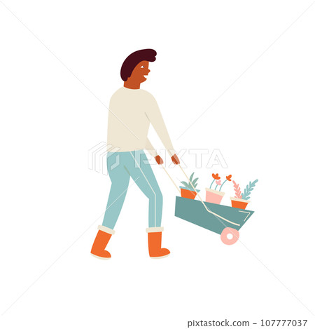 Happy man with wheelbarrow and plants. Happy man with wheelbarrow and plants. 107777037