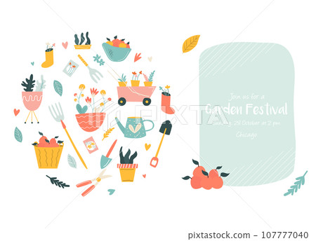 Garden festival invitation with gardening tools 107777040