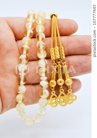 On hand white and gold beads sequenced, short rosary, tespih tesbih 107777683