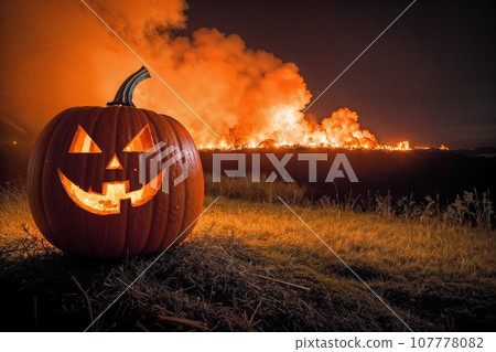 pumpkin head glows in the dark forest at night, scary and mystical, Halloween concept, fog, black silhouettes of trees pumpkin head glows in the dark forest at night, scary and mystical, Halloween concept, fog, black silhouettes of trees 107778082