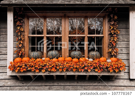exterior of the old wooden house is decorated with harvest of pumpkins and leaves for halloween holiday, old window and wall, autumn nature as background exterior of the old wooden house is decorated with harvest of pumpkins and leaves for halloween holiday, old window and wall, autumn nature as background 107778167