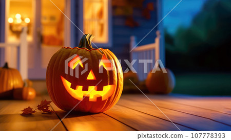 Festive Porch Decor - Glowing Pumpkin Lantern - Generative AI 107778393