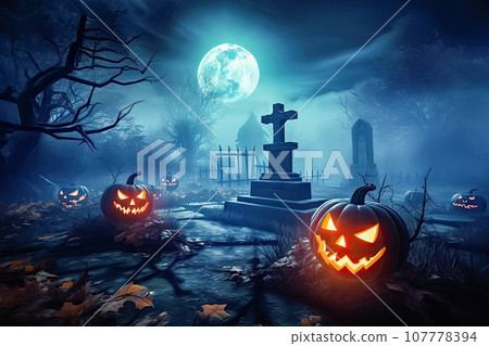 Enchanting Halloween Atmosphere: Illuminated Pumpkin and Eerie Background - Generative AI 107778394