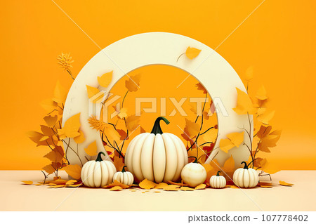 Autumn Harvest: Vibrant Pumpkin and Colorful Leaves on a Decorated Background- Generative AI Autumn Harvest: Vibrant Pumpkin and Colorful Leaves on a Decorated Background- Generative AI 107778402