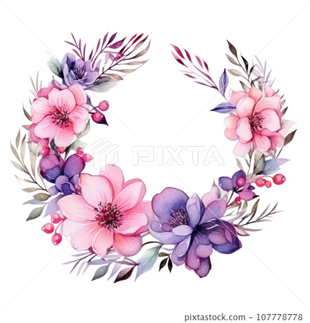 watercolor Floral wreath with pink and purple flowers 107778778