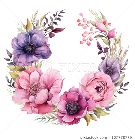 watercolor Floral wreath with pink and purple flowers watercolor Floral wreath with pink and purple flowers 107778779