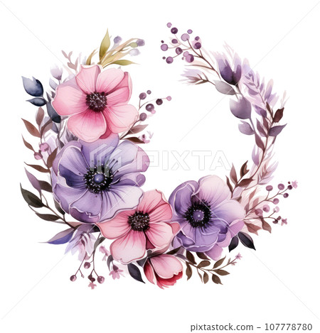 watercolor Floral wreath with pink and purple flowers watercolor Floral wreath with pink and purple flowers 107778780