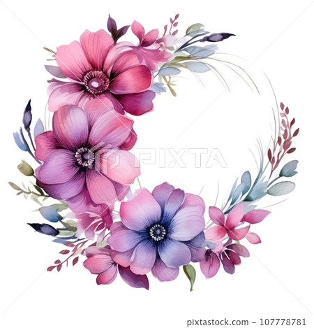 watercolor Floral wreath with pink and purple flowers watercolor Floral wreath with pink and purple flowers 107778781