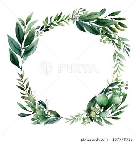 Green watercolor botanical leaves and branches frame Green watercolor botanical leaves and branches frame 107778785