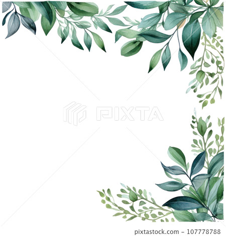Green watercolor botanical leaves and branches frame Green watercolor botanical leaves and branches frame 107778788