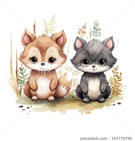Cute woodland animals in watercolor style. isolated Cute woodland animals in watercolor style. isolated 107778790