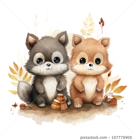 Cute woodland animals in watercolor style.... - Stock Illustration ...