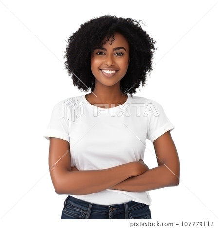 Happy black woman standing with arms crossed isolated Happy black woman standing with arms crossed isolated 107779112