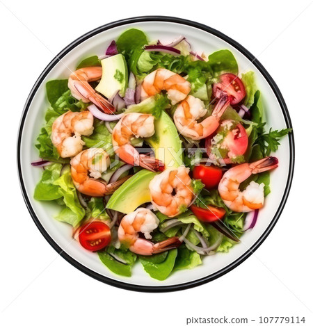 Salad from green leaves mix and vegetables with avocado and shrimps isolated Salad from green leaves mix and vegetables with avocado and shrimps isolated 107779114