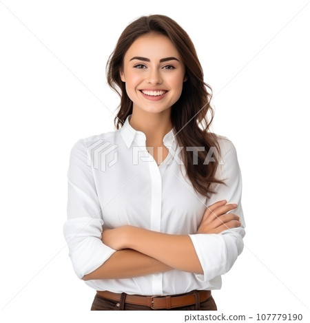 Cheerful brunette business woman isolated 107779190